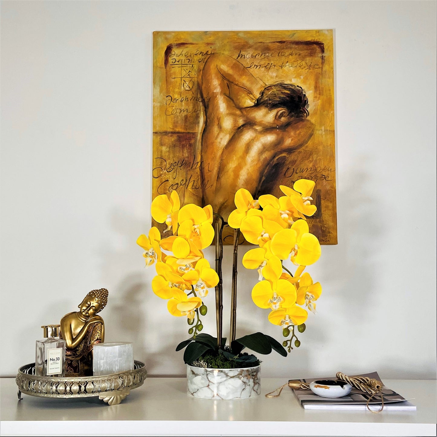 YELLOW MARBLE PARIS - Orchids Plant in pot - Arrangement Artificial - Real touch - Phaleonopsis Yellow flower - 16 Cm