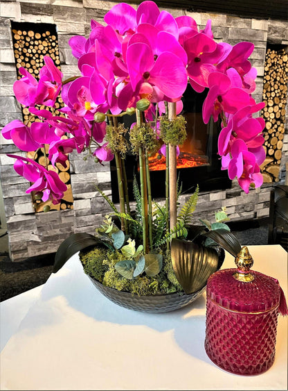 VOOGUE PARIS - Artificial PINK orchid flower in Hammered matte black bowl - Faux Arrangement Phalaenopsis - gift ideas