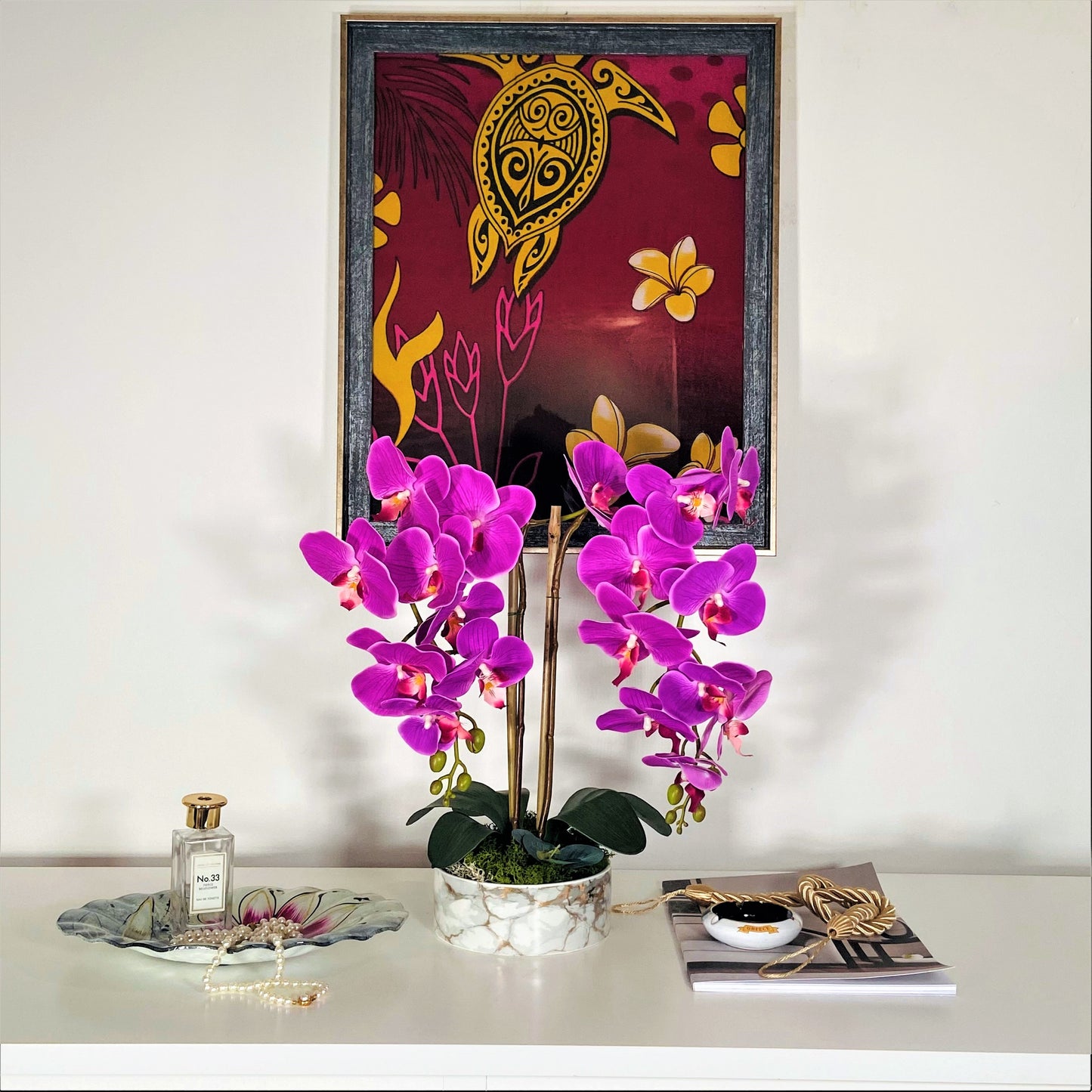 FUSHIA MARBLE PARIS - Orchids Plant in pot - Arrangement Artificial - Real touch - Phaleonopsis Fushia flower - 16 Cm - Birthdays Gifts ideas