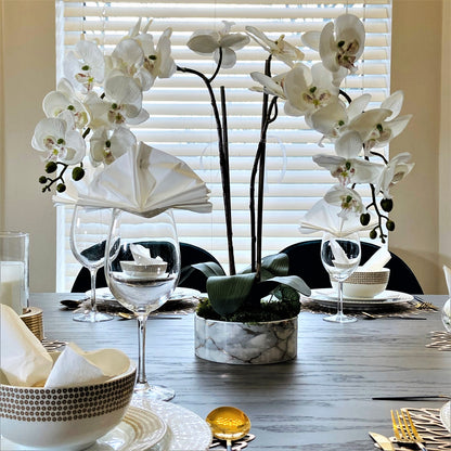 MARBLE CRYSTAL-Orchids Plant Arrangement Artificial in pot,Faux orchid and Moss floral display, Phalaenopsis white flower, Gifts