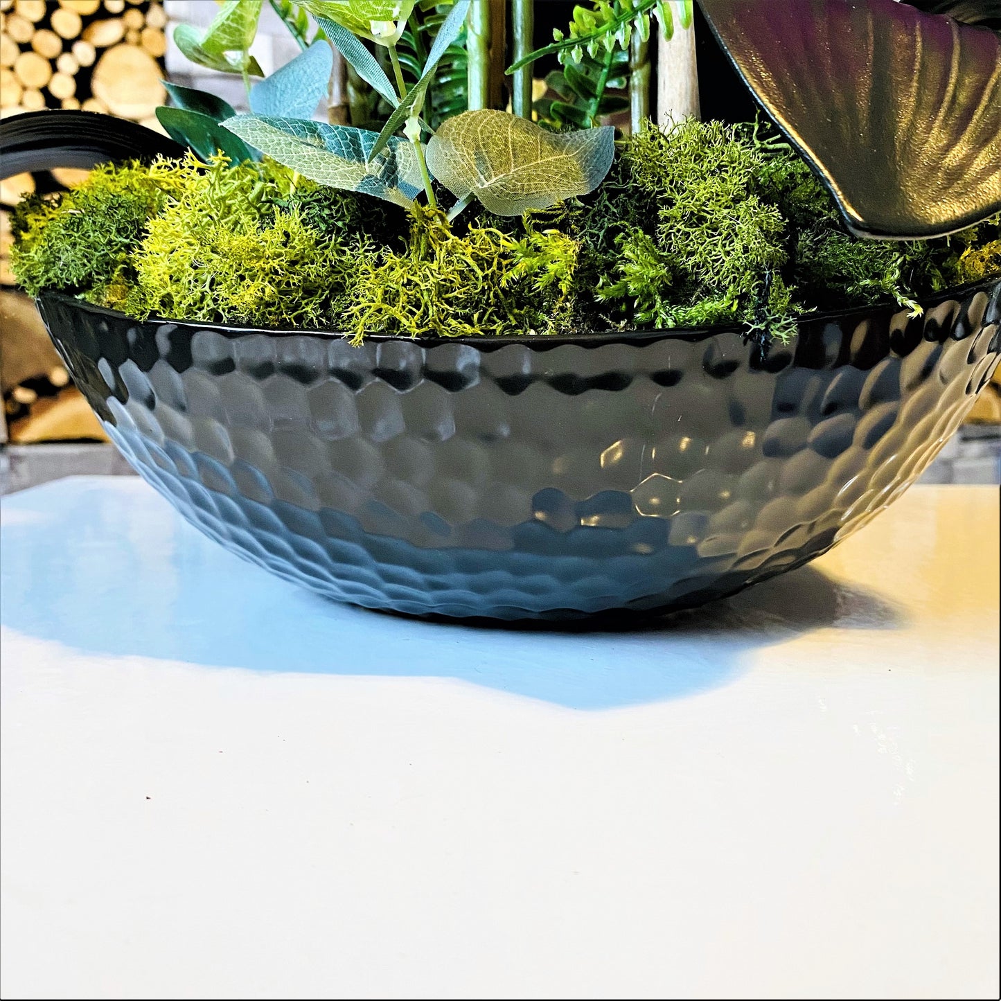 VOOGUE PARIS - Artificial PINK orchid flower in Hammered matte black bowl - Faux Arrangement Phalaenopsis - gift ideas