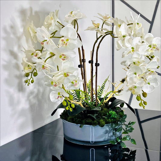CHARNEL PARIS - Luxury Arrangement Artificial in pot - Real touch Faux orchid - Phalaenospsis white flower - 25 Cm - Grey Cylinder glass